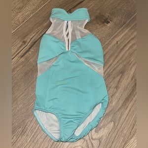 LA Designs- Blue & White Leotard w/ sheer detail and open back - MINOR WEAR - CS